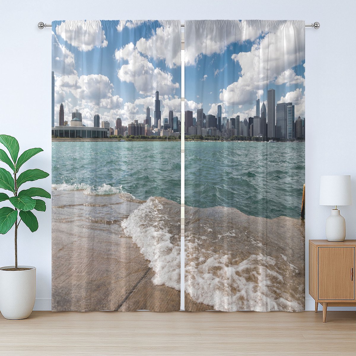 ABAKUHAUS Rustiek gordijn Chicago, skyline van Chicago en meer, geplooid gordijn met lussen en haken voor de slaapkamer, 280 x 225 cm, meerkleurig