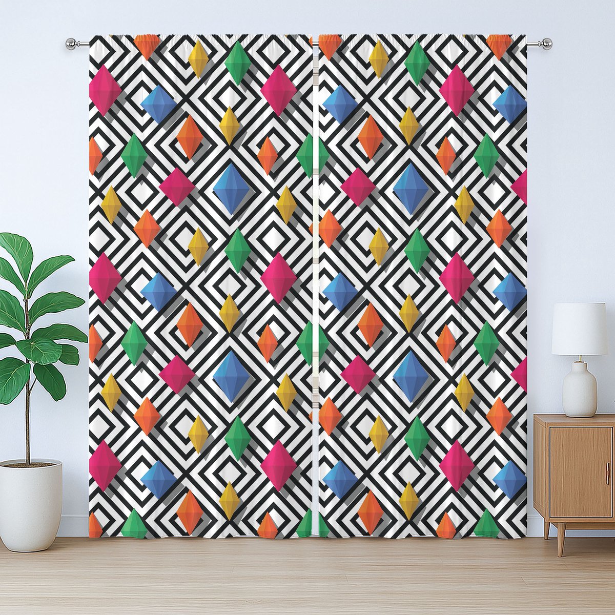 ABAKUHAUS Geometrisch rustiek gordijn, kleurrijke 3D-vormen, slaapkamergordijn met plooien, lussen en haken, 280 x 225 cm, zwart-wit-meerkleurig