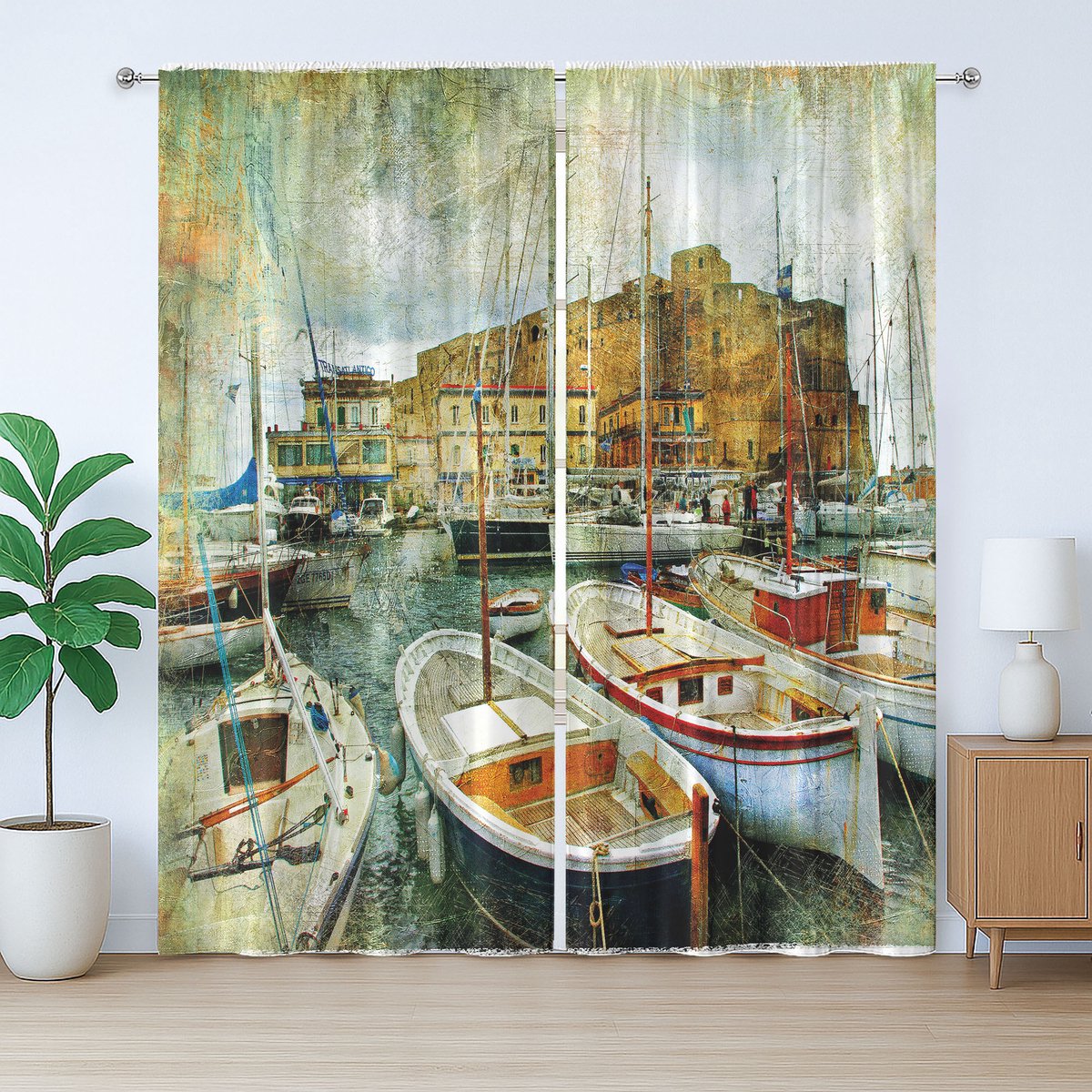 ABAKUHAUS Rustiek havengordijn, Boten in Napels, Slaapkamergordijn met plooien, lussen en haken, 280 x 175 cm, Bruin Blauw Wit