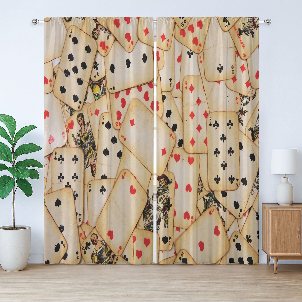 ABAKUHAUS Casino Rustiek Gordijn, Oude Vintage Speelkaart, met Bandjes voor de Woonkamer met Lussen en Haken, 280 x 225 cm, Beige Rood Zwart
