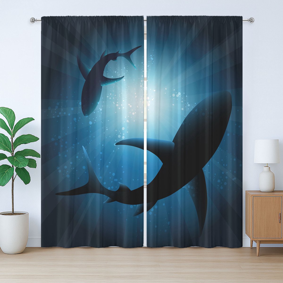 ABAKUHAUS Rustiek haaiengordijn, silhouetten van zwemmende vissen, met lussen en haken voor de woonkamer, 280 x 175 cm, donkerblauw