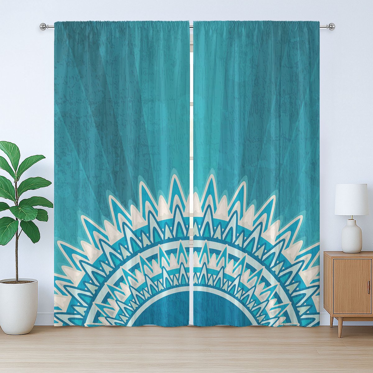 ABAKUHAUS Mandala Rustiek Gordijn, Oosterse Culturele Ornament, met Bandjes en Lussen voor de Woonkamer, 280 x 245 cm, Petrolblauw Grijs Wit
