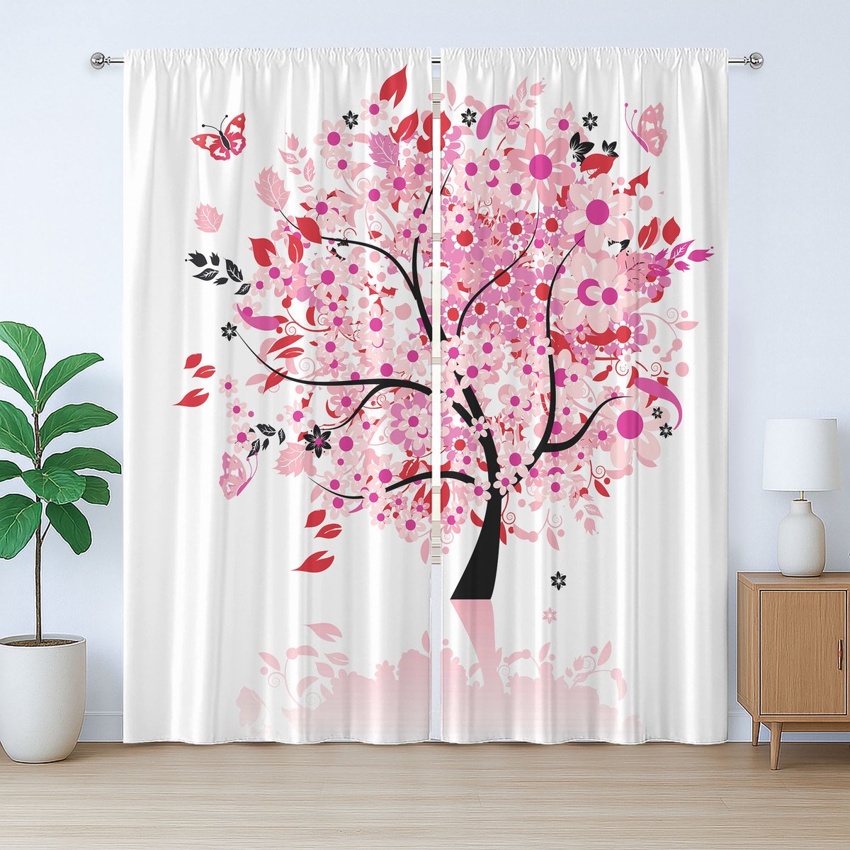 ABAKUHAUS Rustiek boomgordijn, abstracte boom en bloemen, met lussen en haken voor de woonkamer, 280 x 175 cm, bruin wit roze