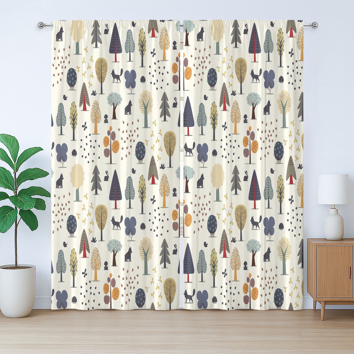 ABAKUHAUS Rustiek bosgordijn, bosbomen en dieren, met lussen en haken voor de woonkamer, 280 x 225 cm, crèmekleurig