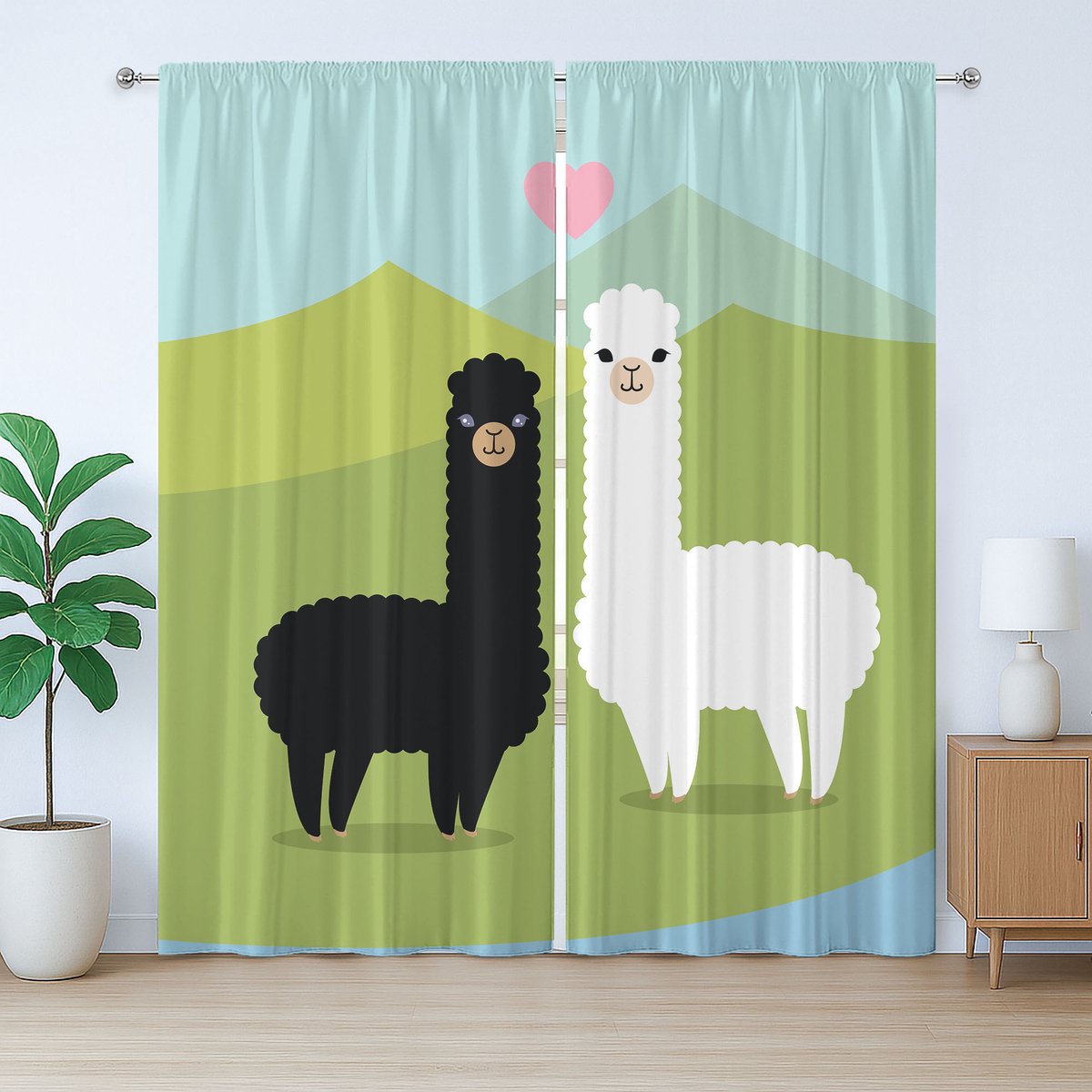 ABAKUHAUS Lama Rustiek Gordijn, Verliefde Dieren op een Heuvel, met Bandjes, Lussen en Haken voor de Woonkamer, 280 x 225 cm, Lichtgroenblauw