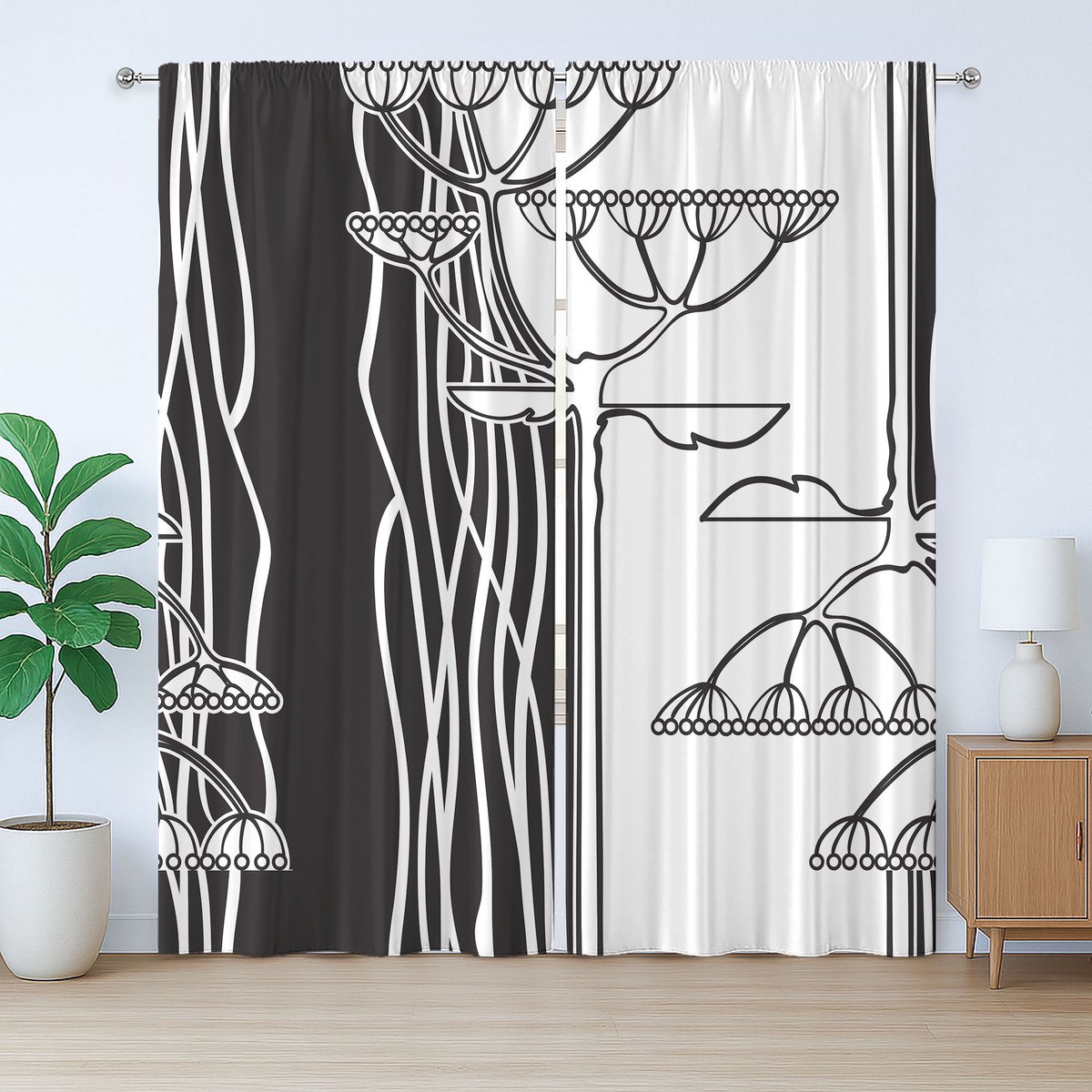 ABAKUHAUS Zwart-wit rustiek gordijn, abstracte plantenkunst, met lussen en haken voor de woonkamer, 280 x 175 cm, zwart-wit