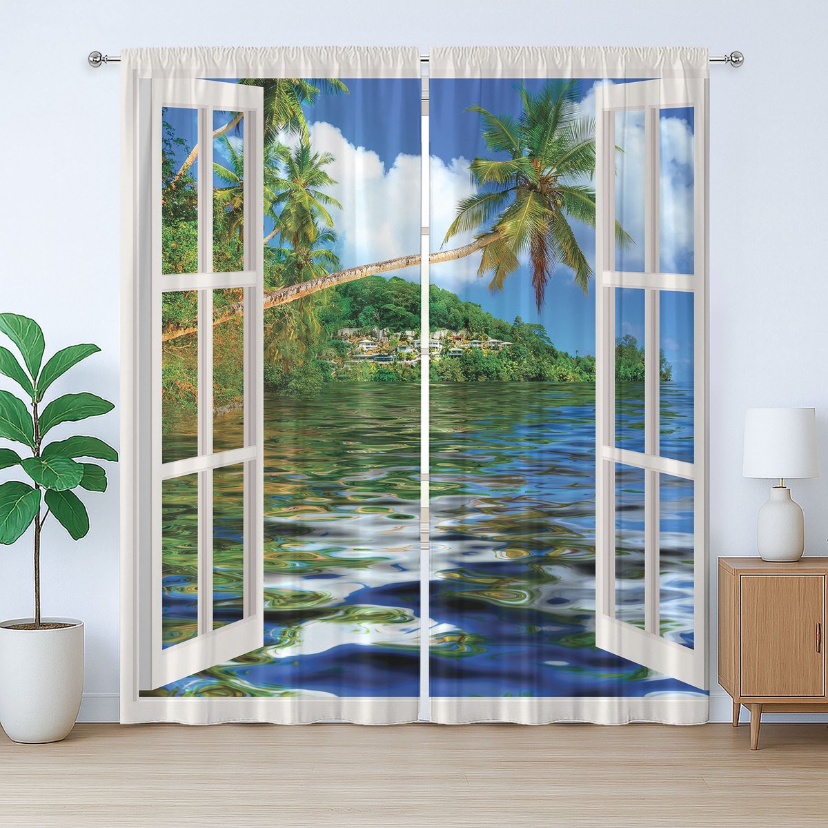 ABAKUHAUS Rustiek Inktvisgordijn, Zeepalmen Exotisch Dorp, Geplooid Gordijn met Lussen en Haken voor de Slaapkamer, 280 x 175 cm, Groen en Blauw Zee