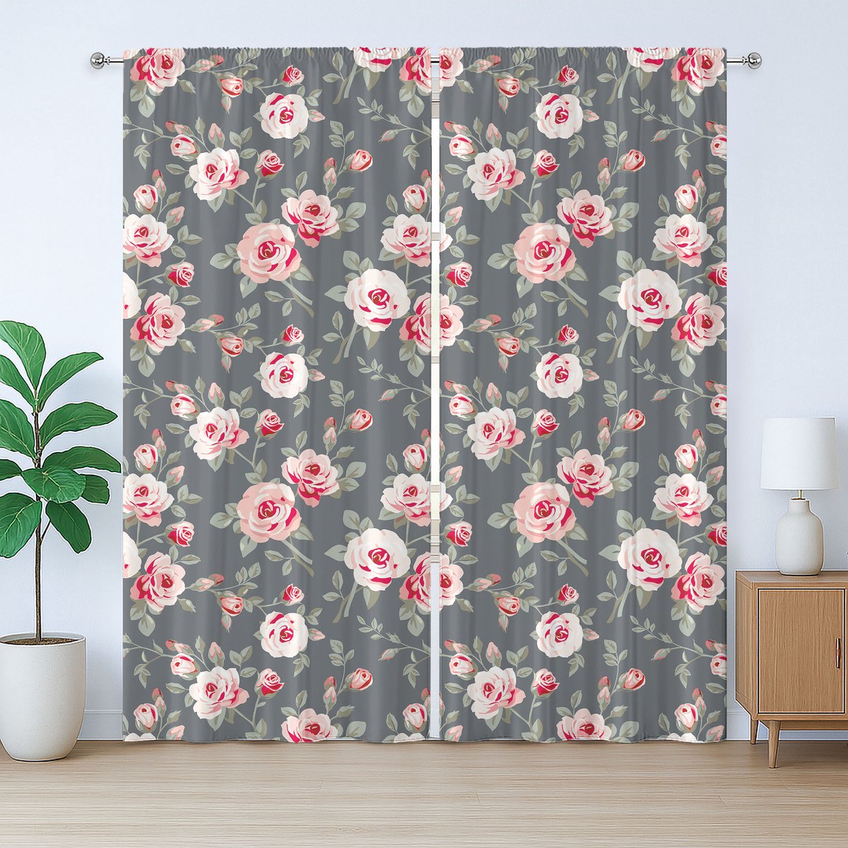 ABAKUHAUS Shabby Chic Rustiek Gordijn, Landelijke Knoppen Vintage, met Bandjes, Lussen en Haken voor de Woonkamer, 280 x 225 cm, Grijs Roze