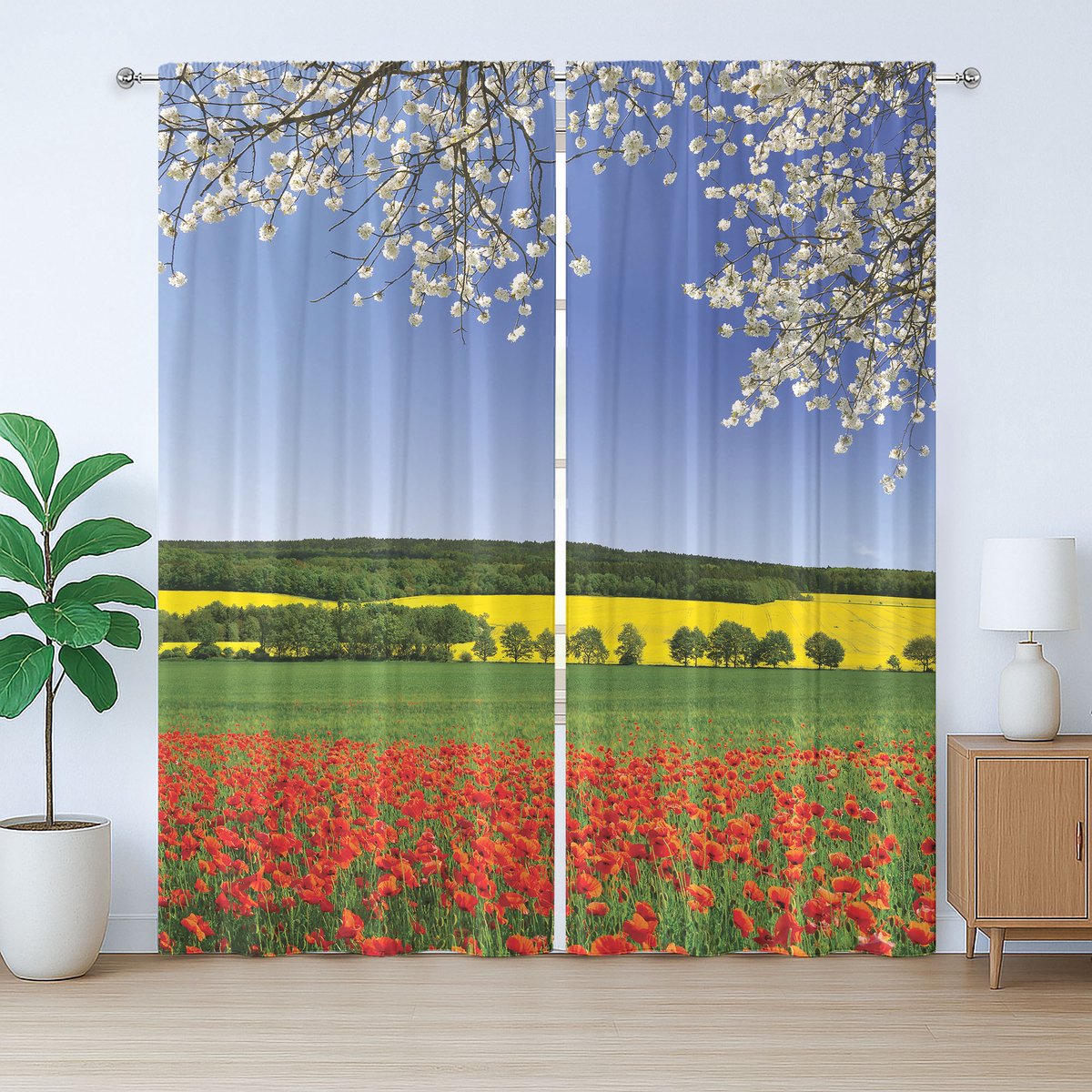 ABAKUHAUS Kleurrijk rustiek gordijn, klaprozenveldlandschap, slaapkamergordijn met geplooide band, lussen en haken, 280 x 175 cm, rood groen geel