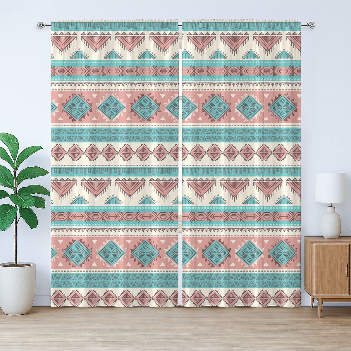ABAKUHAUS Rustiek gordijn in tribale stijl, Azteekse kunststijl, met lussen en haken voor de slaapkamer, 280 x 245 cm, perzikcrème aqua