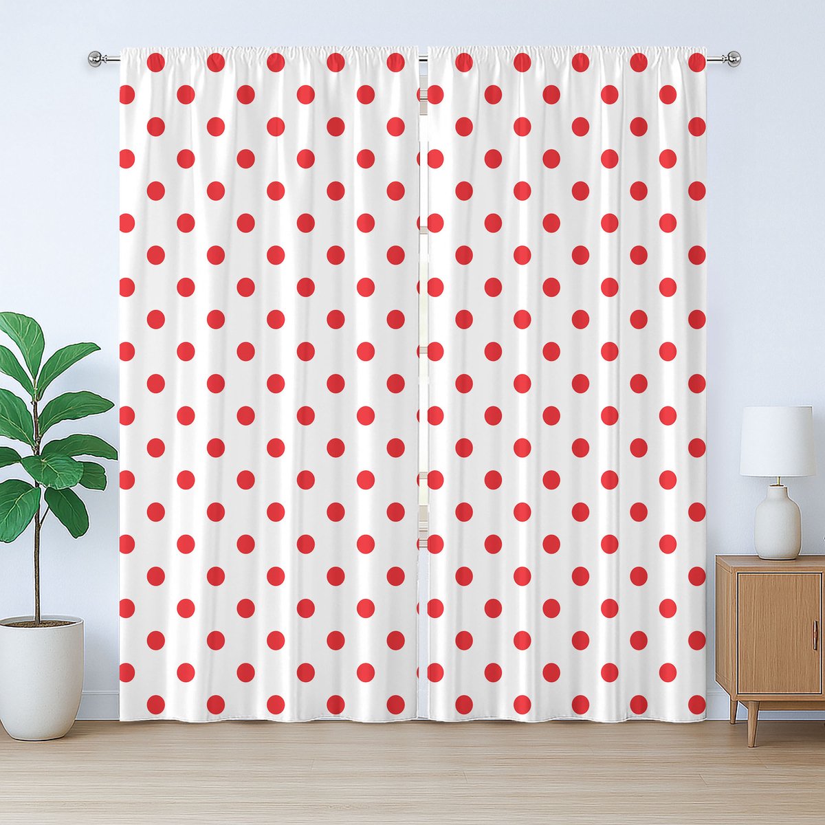 ABAKUHAUS rode rustieke gordijnen, landelijke picknick stippen, met lussen en haken voor de woonkamer, 280 x 245 cm, wit en vermiljoen