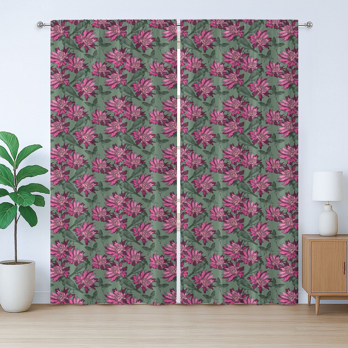 ABAKUHAUS Rustiek bloemengordijn, vogelmotief, met lussen en haken voor de woonkamer, 280 x 260 cm, roze lauriergroen