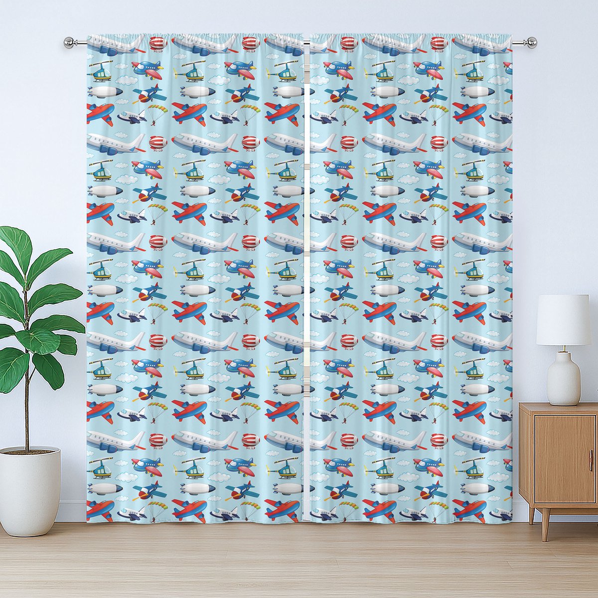 ABAKUHAUS Rustiek vliegtuiggordijn, vliegtuigen die parachutespringen, slaapkamergordijn met lussen en haken, 280 x 225 cm, blauw meerkleurig