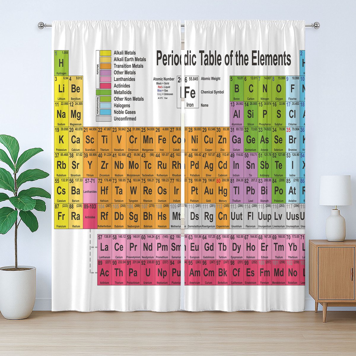 ABAKUHAUS Periodiek Systeem Rustiek Gordijn, Chemieliefhebbers, met Bandjes, Lusjes en Haken voor de Woonkamer, 280 x 225 cm, Oranje Roze
