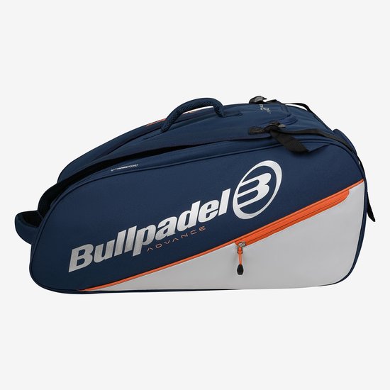 Donkerblauwe Bullpadel padeltas met oranje en grijze accenten.