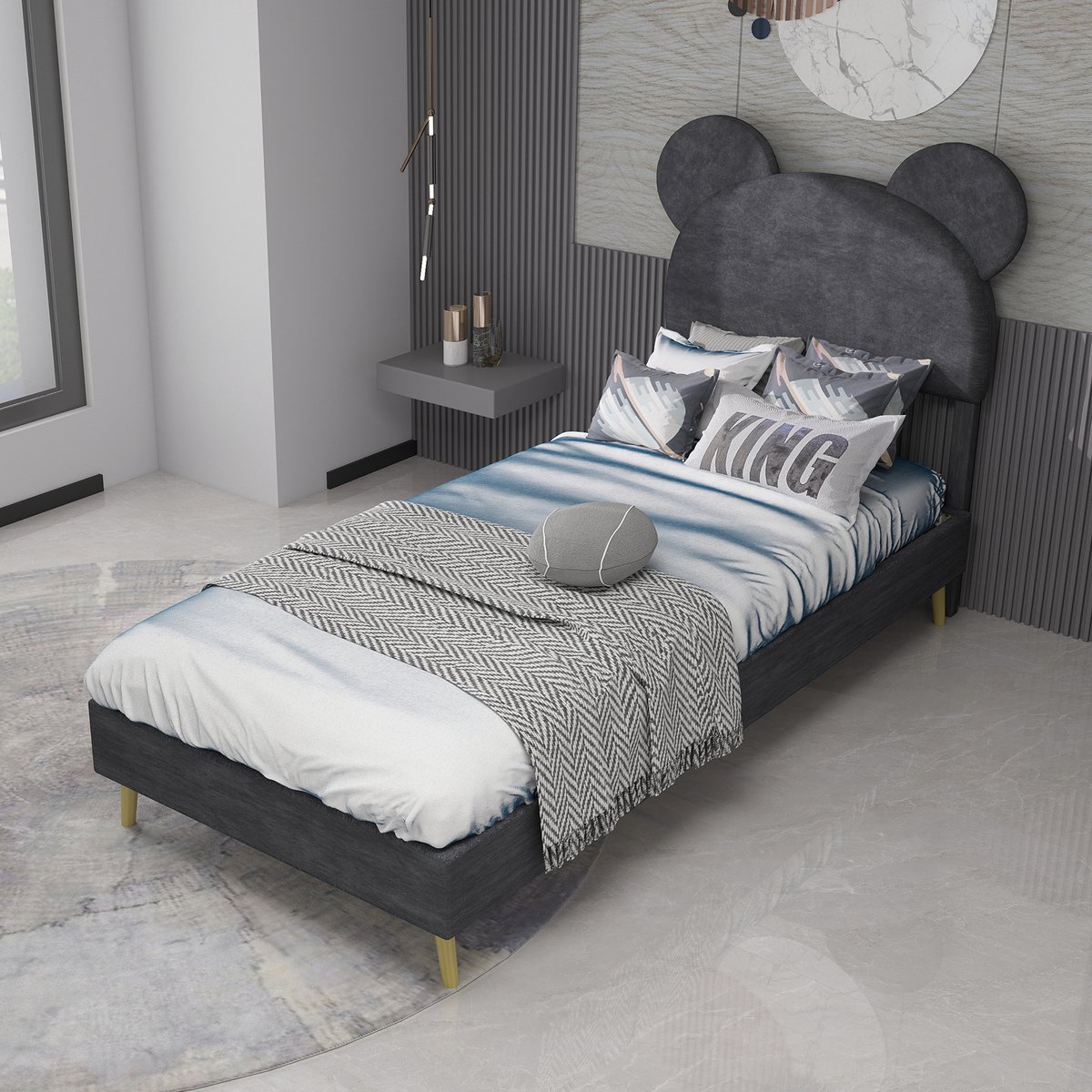 MODFU Bedframe 90x200 cm – Met cartoon-hoofdbord & pneumatische opbergruimte – Grijs