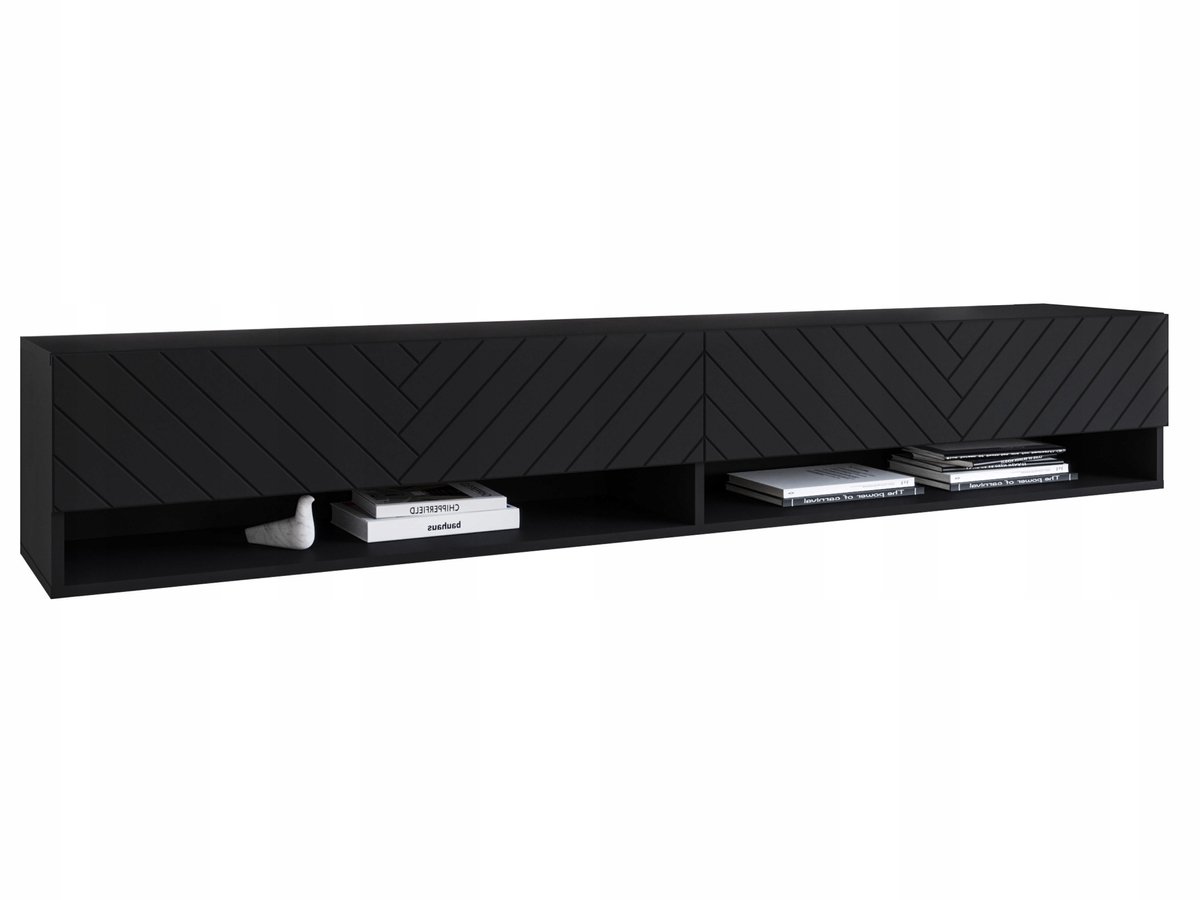Modern TV-meubel A180 - 180 cm breed - MDF Fronten met Visgraatmotief - Zwart Mat - Inclusief LED - Zwevend of Staand