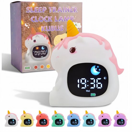 Slaaptrainer Unicorn - Slaapwekker - Kinderwekker - Nachtlamp Kinderen - Oplaadbaar - Dim functie - Digitale Kleurenscherm - Wake Up light