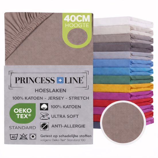 Foto: Princess line comfortabel ultra soft hoeslaken 100 katoen jersey stretch strijkvrij rondom elastiek hoekhoogte tot 40cm voor boxspring waterbed 2persoons lits jumeaux 200x220 40cm taupe