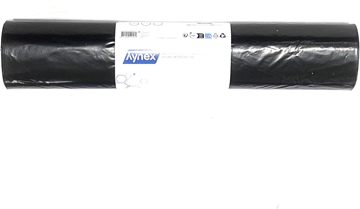 Hynex Afvalzak Gerecycled, LDPE, Zwart, 60x80cm, T40, 60L. 6 x 20 Rol