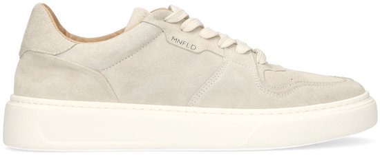 Sneaker en suède gris clair avec logo MNFLD, lacets et semelle blanche.