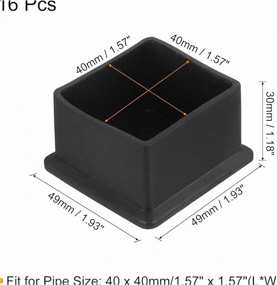Vierkante stoelpootdoppen - zwart - set van 16 - PVC - 40 mm x 40 mm | bol