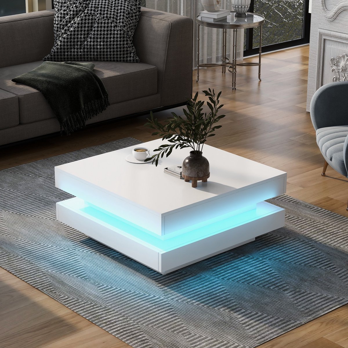 Zubaliya 1-Stuk Witte Vierkante Koffietafel - Moderne LED Salontafel Met Bluetooth App Bediening - Glanzend Design En Meerkleurige Verlichting
