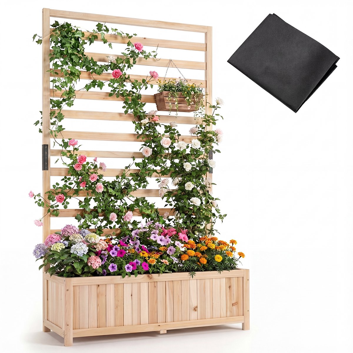 COSTWAY Bloembak met rankrooster, plantenbak voor klimplanten, verhoogd bed met latwerk, voering en afwatering, bloempot voor tuin, balkon, tuinlatwerk, rankkast, hout, 90 x 35 x 150 cm, naturel