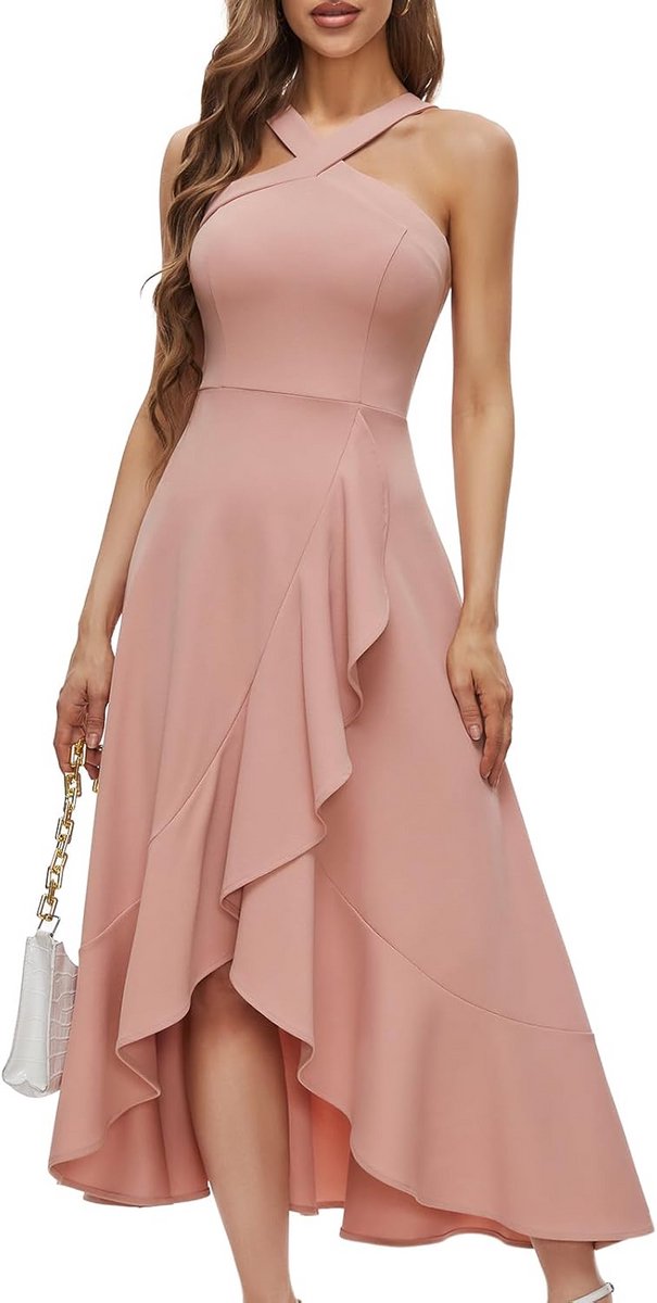Elegante Dames Halter Maxi Jurk met Ruches - Geschikt voor Cocktail, Bruiloft of Feest
