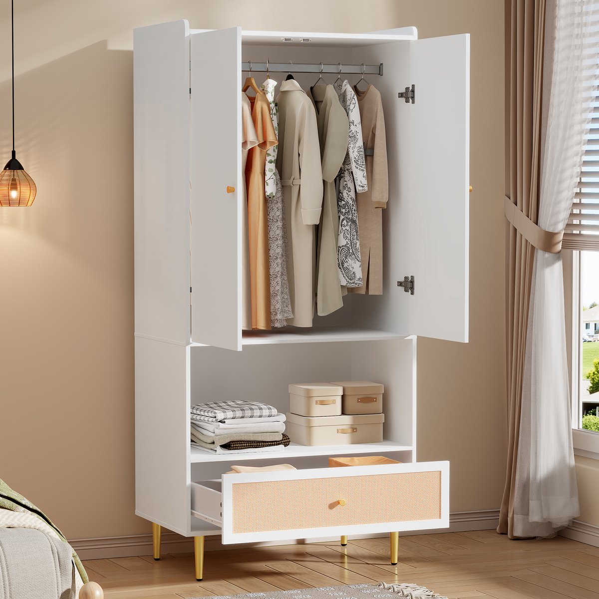 Kast met twee deuren - met rieten lade en kledingstang - slaapkamerkast - met metalen poten en metalen handgrepen - wit - 80x48x175 cm
