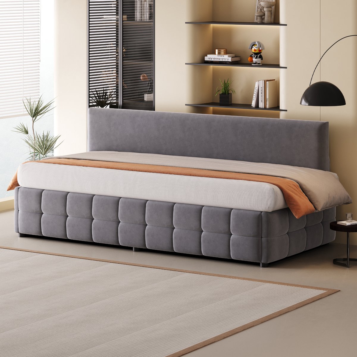 Wishdor Slaapbank Polsterbed 90x200 cm – Hydraulische Opbergruimte – Ruitpatroon – Fluweel – Grijs