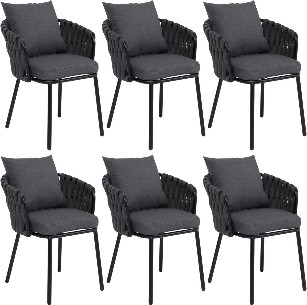 Set van 6 aluminium eetkamerstoelen MCW-P89, binnenstoel met armleuningen, stof/textiel (180 g/m²) touwvlechtwerk ~ antraciet