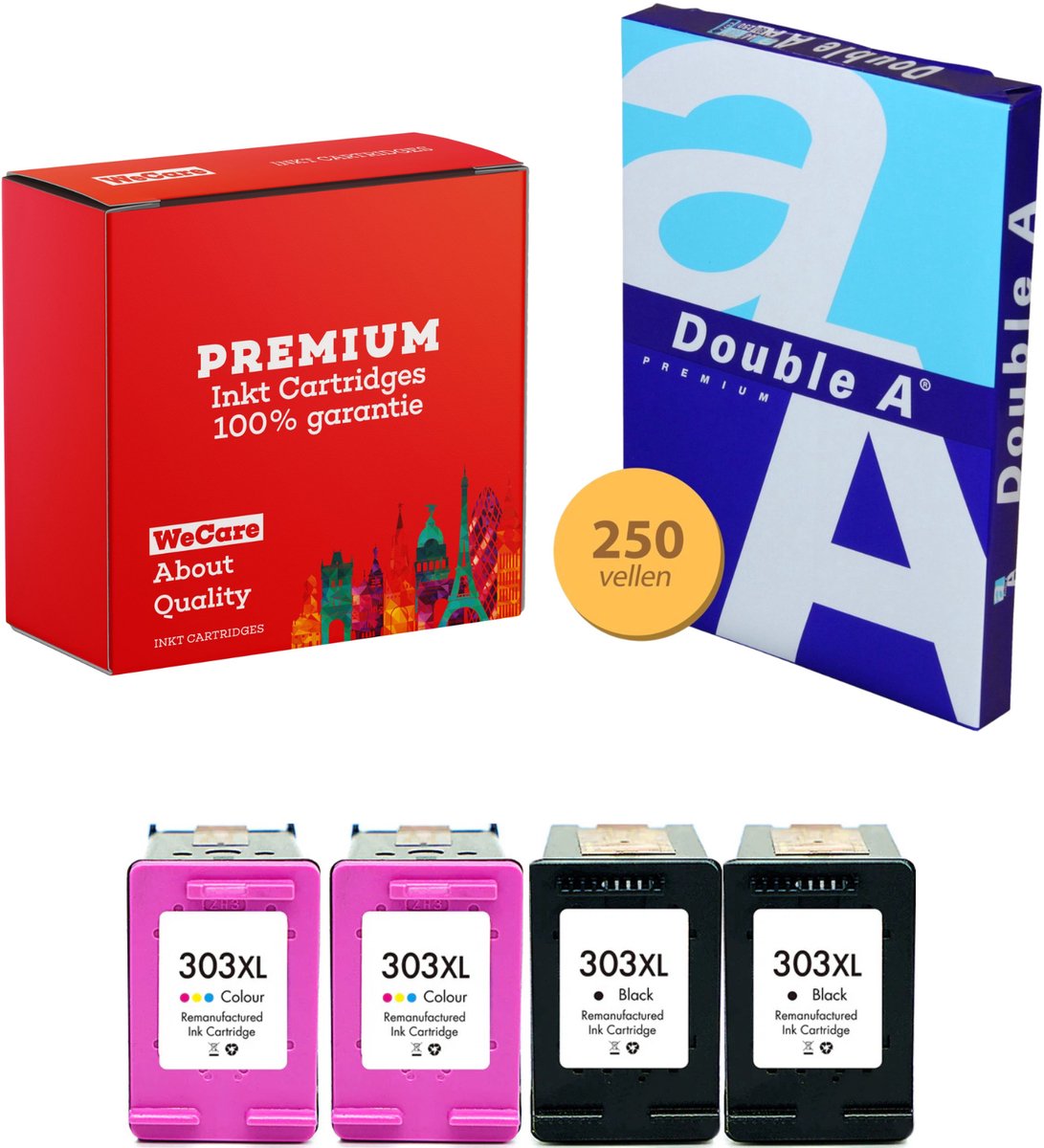 4-pack Geschikt voor HP 303XL Inktcartridges + pak DoubleA papier - Geschikt voor HP Envy 6255 - 6222 - 6234 - 7155 - 7858 - 7220 - 6230