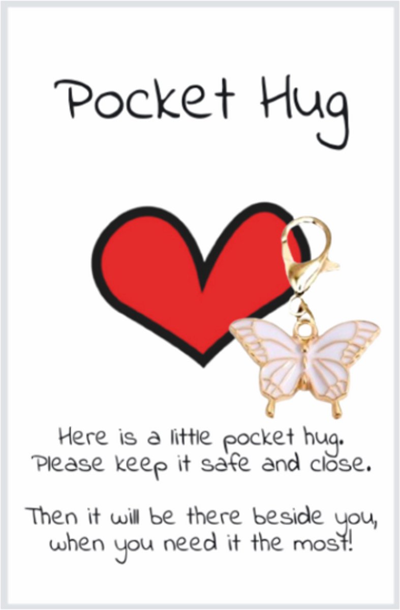 Pradeo - Vlinder Sleutelhanger - Gelukshanger - Hangertje - Vlindertje - Butterfly - Key Chain - Pocket Hug - Klein Cadeau / Geschenk - Met Kaartje Met Tekst - Wit