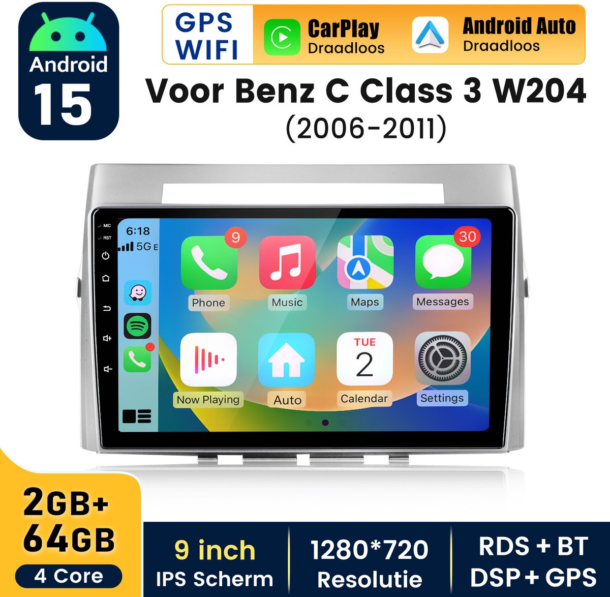 Hexinex Autoradio Geschikt voor Toyota Verso 2004-2009 - Draadloos CarPlay, Android Auto, GPS Navi, Android 15, multimediaspeler, 2GB+64GB