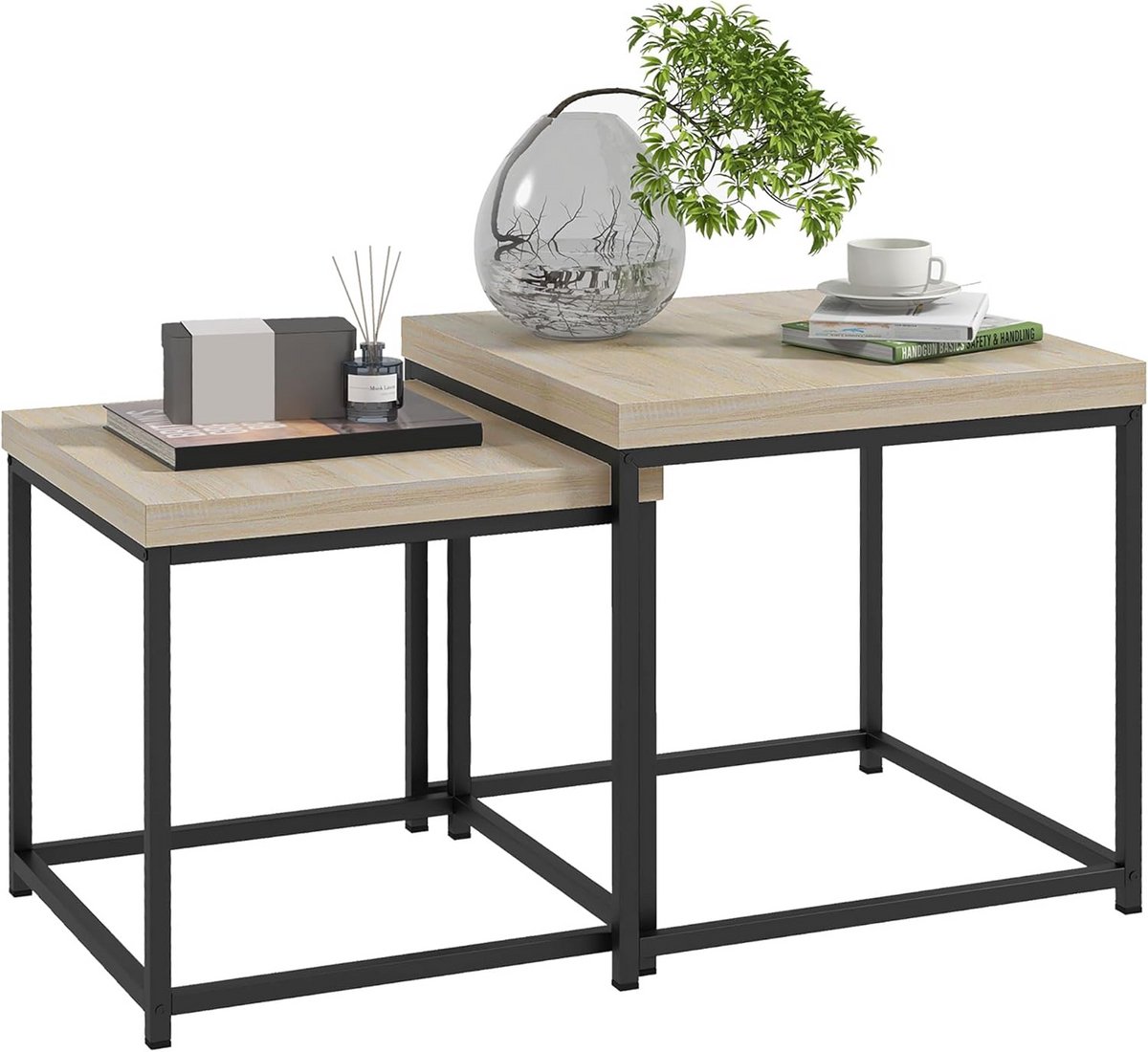 Set van 2 Nestel Bijzettafels Salontafel Eikenhout en Staal