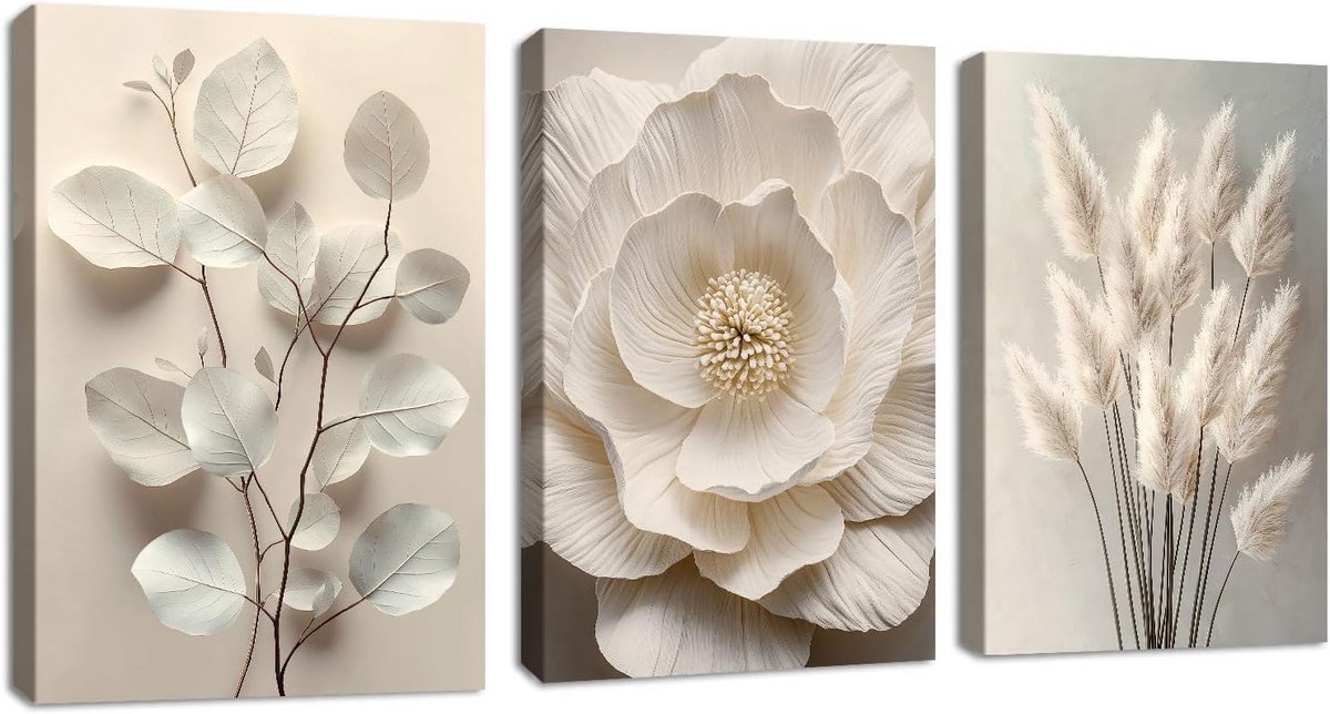 Set van 3 Beige Bloemen en Planten Canvas Schilderijen - Boho Botanisch voor Woonkamer en Slaapkamer