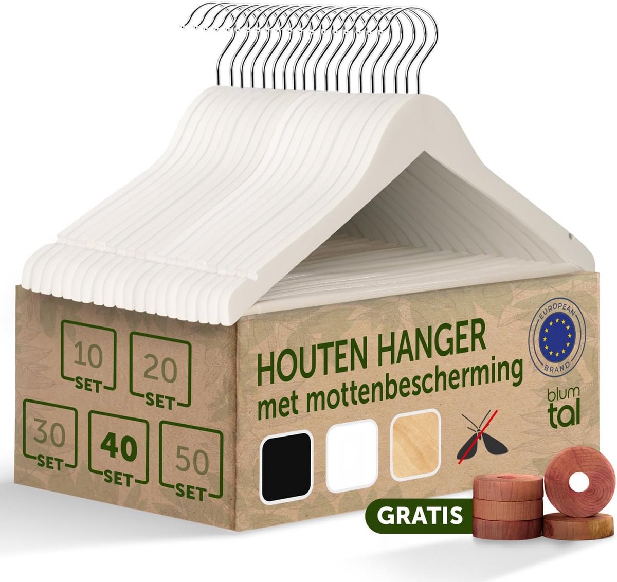 Set van 40 Houten Kledinghangers met Draaibare Haak en Antislip Broekstang
