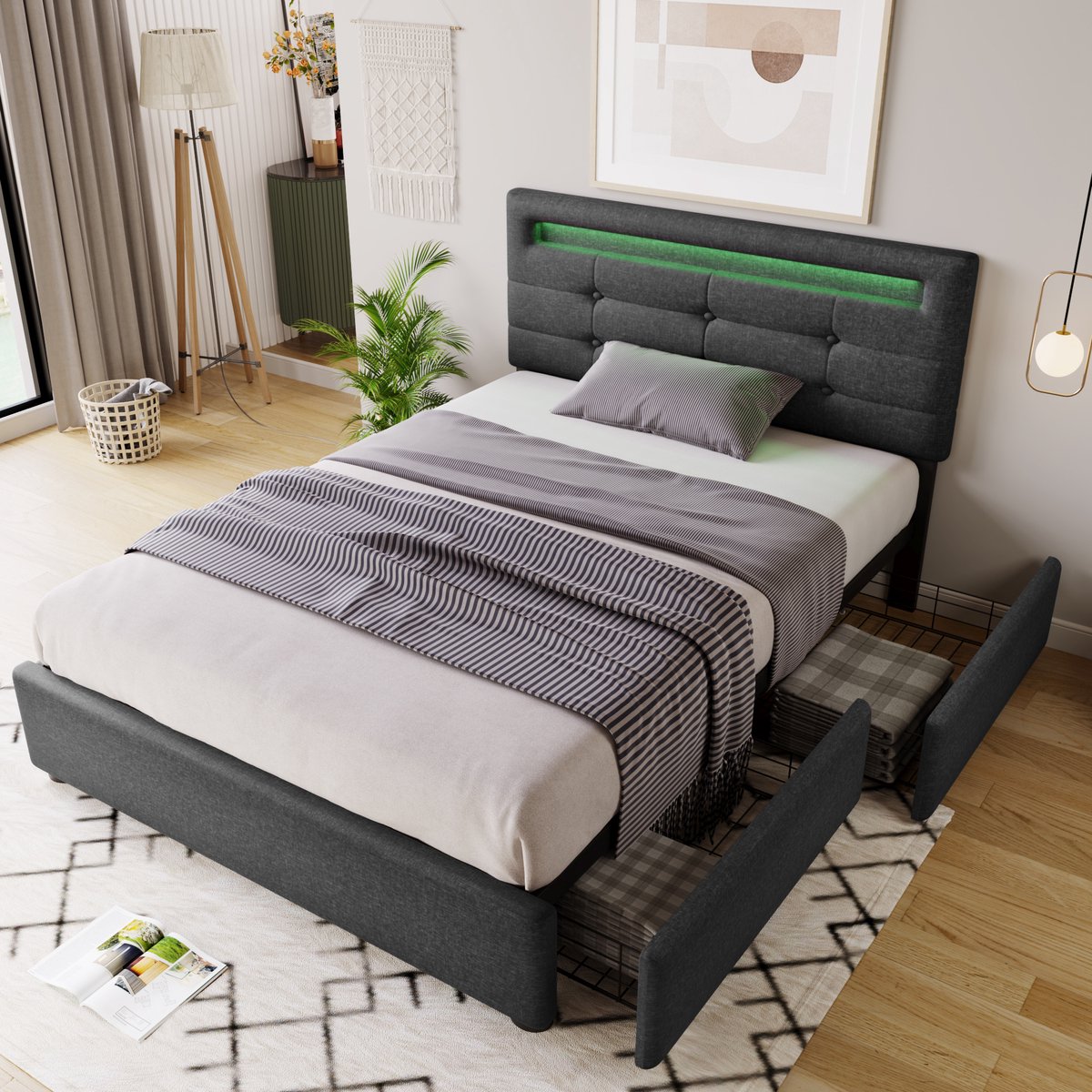 MODFU - Bedframe 90x200 cm – Grijs linnen met LED & 2 lades – Lattenbodem