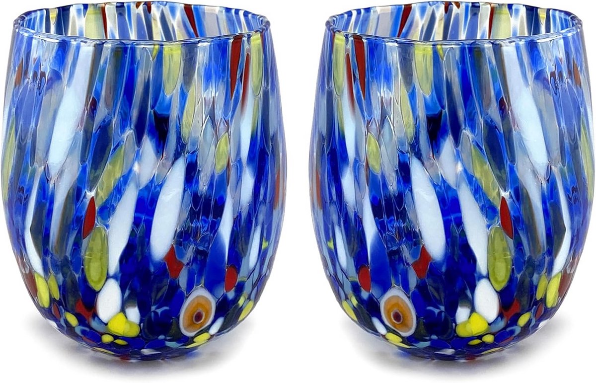 Set van 2 Mondgeblazen Waterglazen Blauw - Handgemaakt Italiaans Glas 290 ml