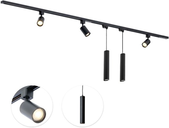 Qub Focus Railverlichting - Zwart - 200 cm - I-Vorm - 3 Spots & 2 Hanglampen - Dimbaar - Complete Set