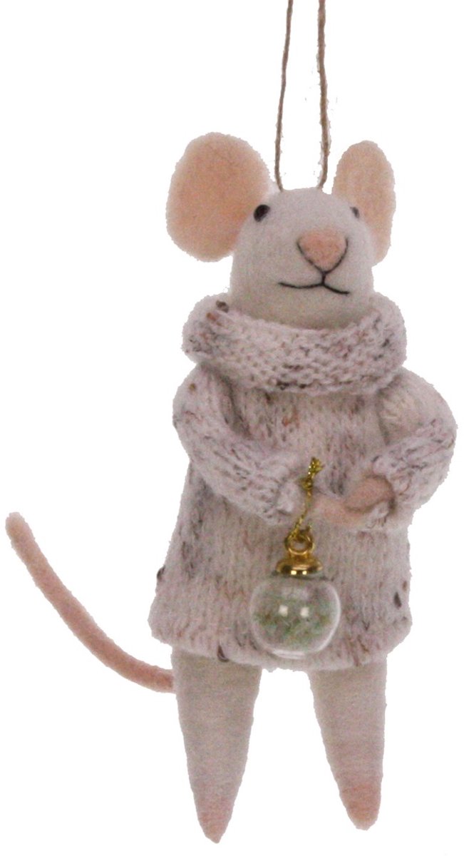 Muis met kerstbal in coltrui vilt 4x8x12cm