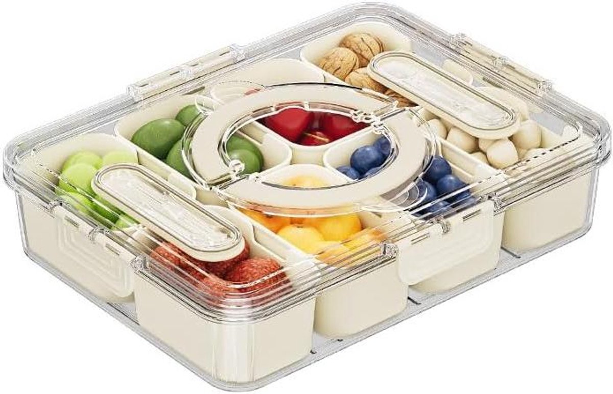 8-vaks snackbox met deksel - lekvrij - snackbord - snoep en noten organizer - 28 x 21 x 6,5 cm