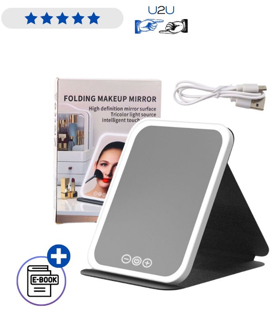 LED Make-up Spiegel Met Verlichting En Standaard Opvouwbaar 18,5 cm Touch Bediening 3 Lichtstanden Helderheid Instelbaar Oplaadbaar USB Compact Reisspiegel Met Beschermhoes Voor Make-up Skincare En Dagelijks Gebruik Thuis Of Onderweg Met Ebook