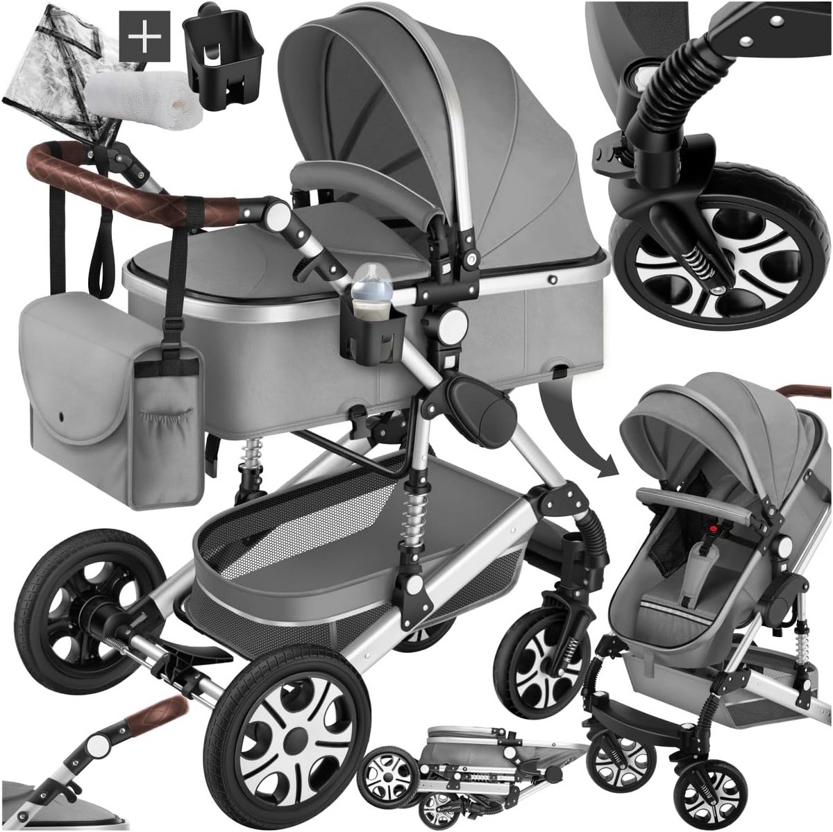 2-in-1 Combi Kinderwagen met Reiswieg en Buggy Functie - Grijs