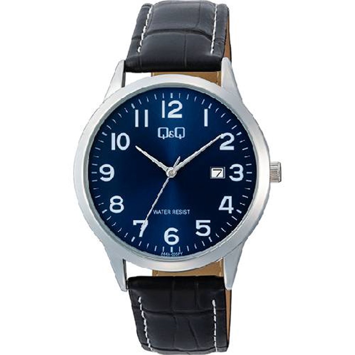 QQ- Heren horloge-model a44a-005py-datum-duidelijke blauwe wijzerplaat-3 atm waterdicht- zwart leder-diameter 40 mm