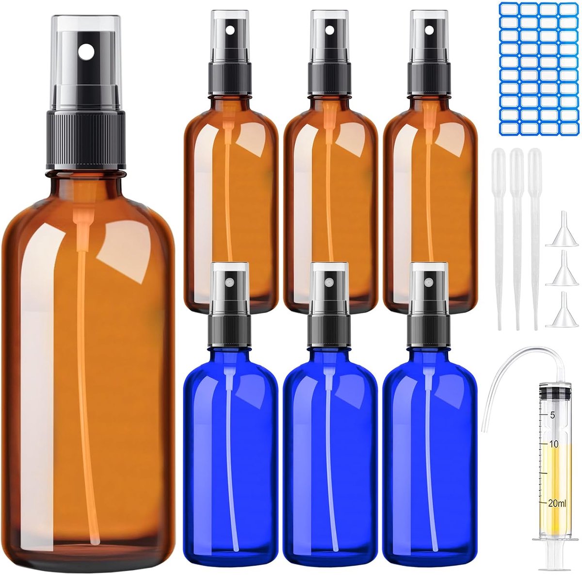 Famanu – Amberkleurige glazen spuitflessen set van 6, 100 ml, met trechters en etiketten