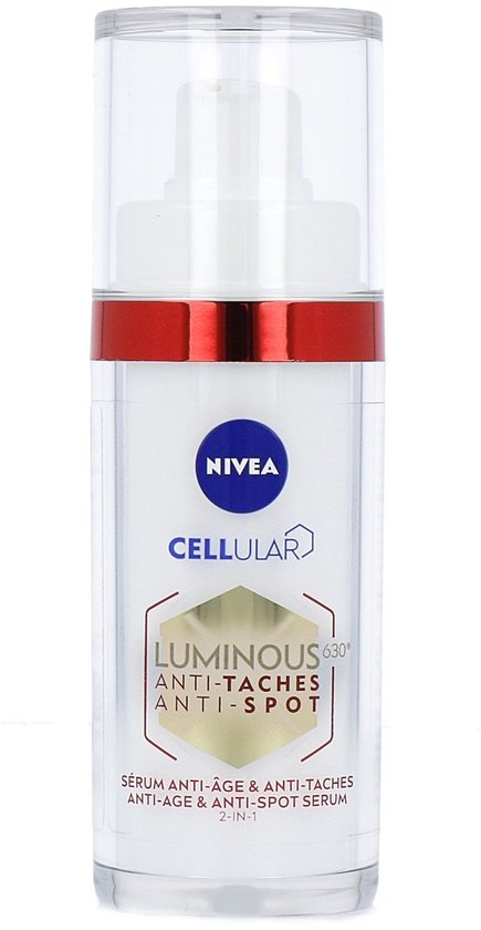 Nivea Cellular Luminous630 Anti-Age & Anti-Spot serum in een pompflacon met rode rand.
