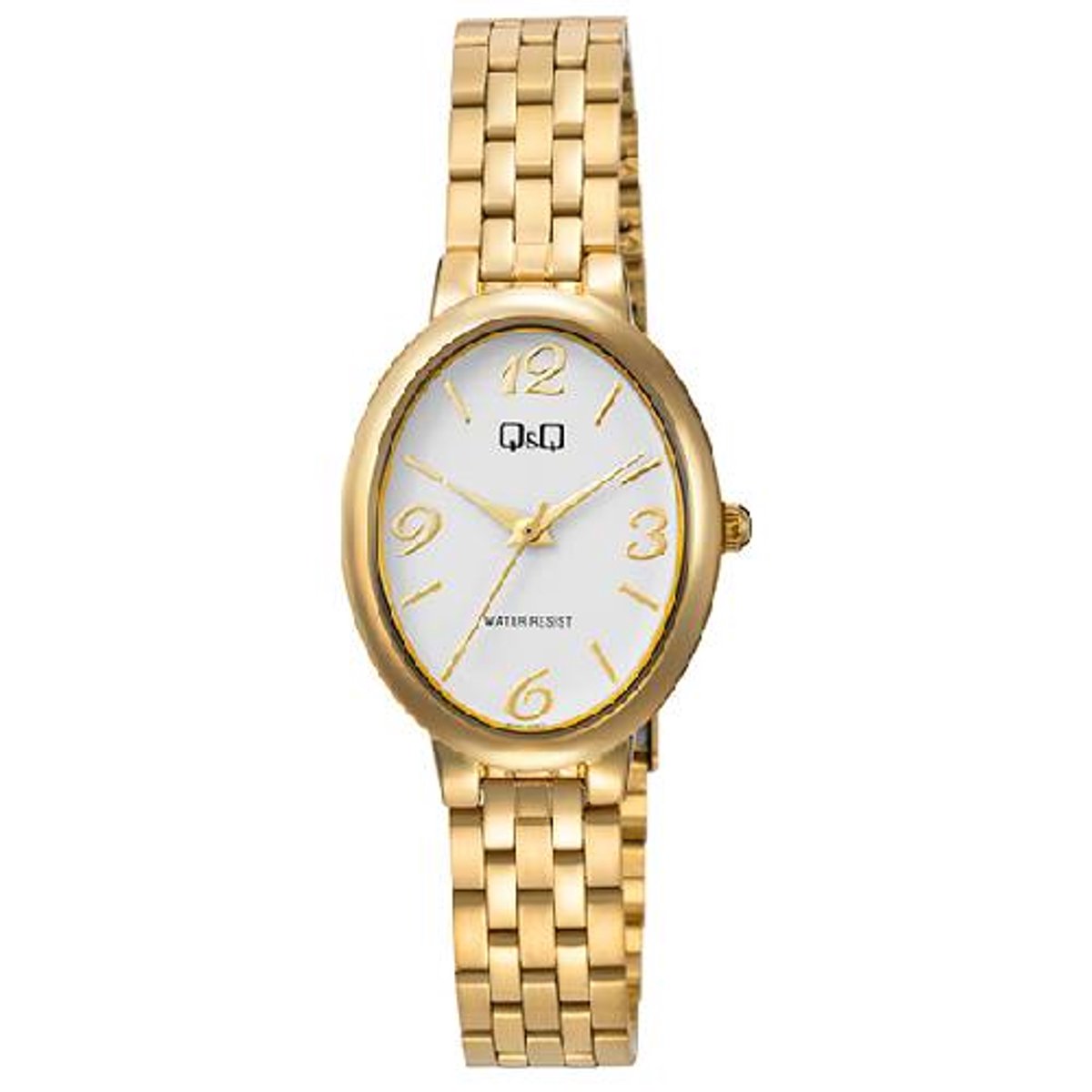 QQ-dames horloge-model q10c-004py-goudkleurig-duidelijke wijzerplaat-3 bar waterdicht-afmeting 26 x 33 mm