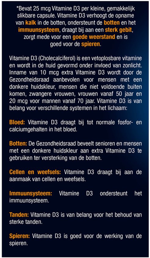 Informatie over Lucovitaal Vitamine D3 25 mcg (1000 IE) capsules, inclusief voordelen voor botten, tanden, spieren en immuunsysteem.